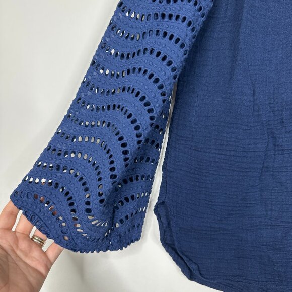 2/$24 Red Haute Crochet Pointelle-Knit Sleeve Blouse Navy XS #A0259 TRB2 - Picture 4 of 8